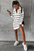 Striped O-Ring Zip Front Collared Drop Shoulder Long Sleeve Sweater Dress